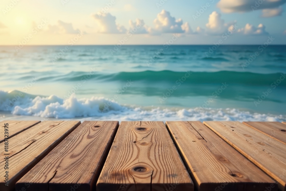 Rustic wood tabletop over blurred ocean scene , summer sky, sun Rustic wood tabletop over blurred ocean scene , summer sky, sun