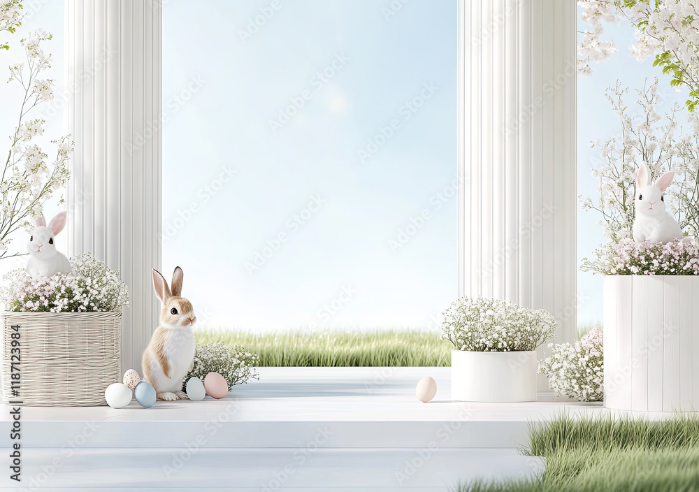 Oster-Illustration mit Textfreiraum – Zarte Frühlingsdesigns mit Eiern, Blumen und Häschen