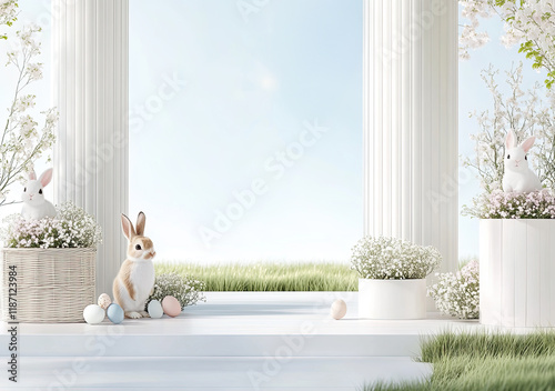 Obraz na płótnie Oster-Illustration mit Textfreiraum – Zarte Frühlingsdesigns mit Eiern, Blumen und Häschen w salonie