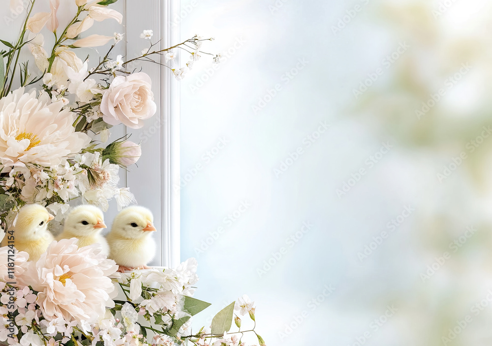 Oster-Illustration mit Textfreiraum – Zarte Frühlingsdesigns mit Eiern, Blumen uns Pastellfarben