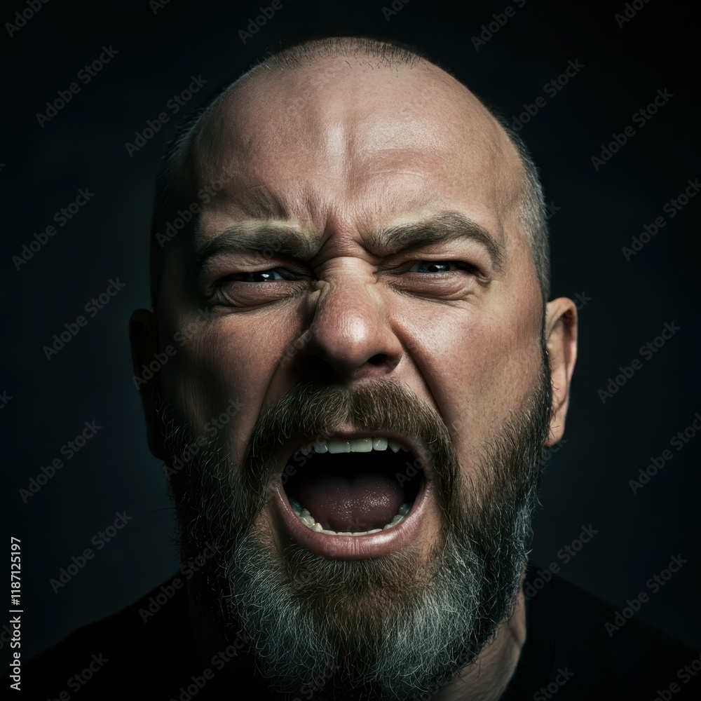 Obraz premium Intense close-up portrait, mature man screaming, dramatic lighting, dark background, high contrast, detailed facial features, strong emotion, beard stubble, veins visible, ultra-realistic, extreme det