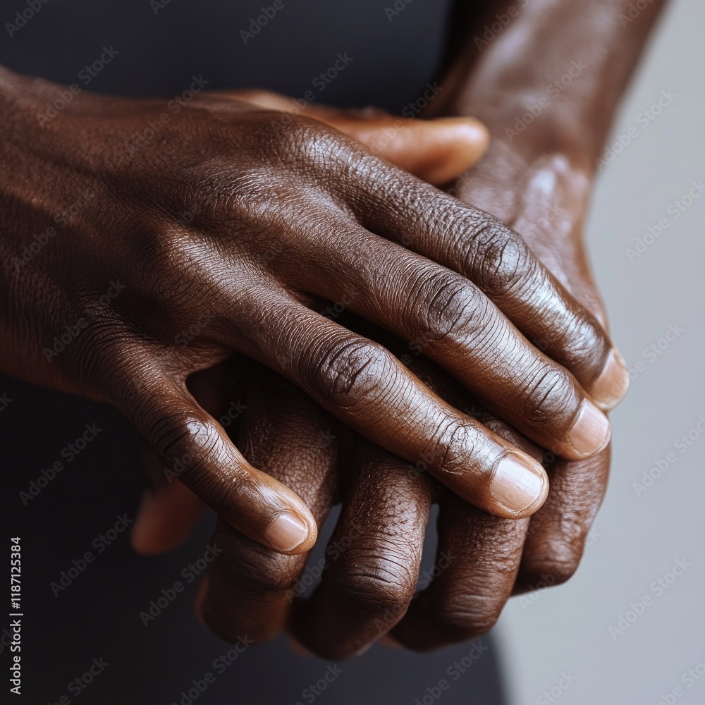 Fototapeta premium Close-up of dark skin hands clasped, showcasing skincare, health, or relaxation.