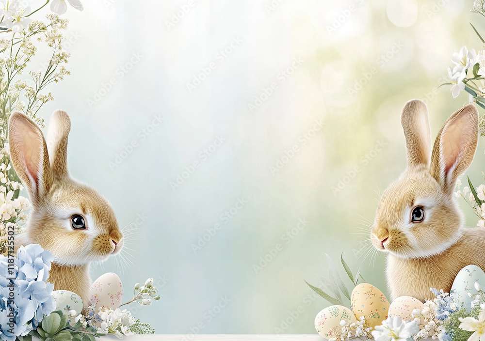 Oster-Illustration mit Textfreiraum – Zarte Frühlingsdesigns mit Eiern, Blumen und Häschen