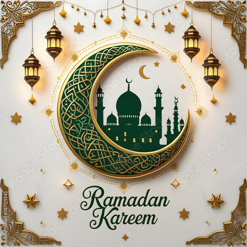 Decorative moon with hanging lamps ramadan kareem celebration background 2025
