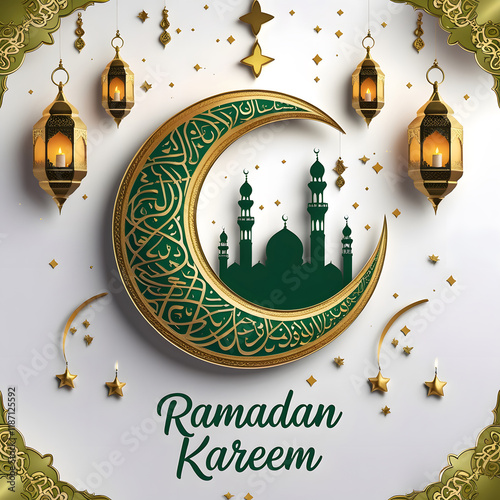Decorative moon with hanging lamps ramadan kareem celebration background 2025
