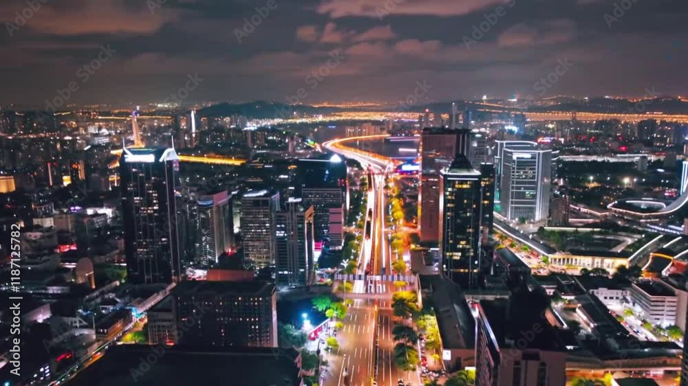 Time-lapse hyperlapse of city traffic at night from an aerial perspective.