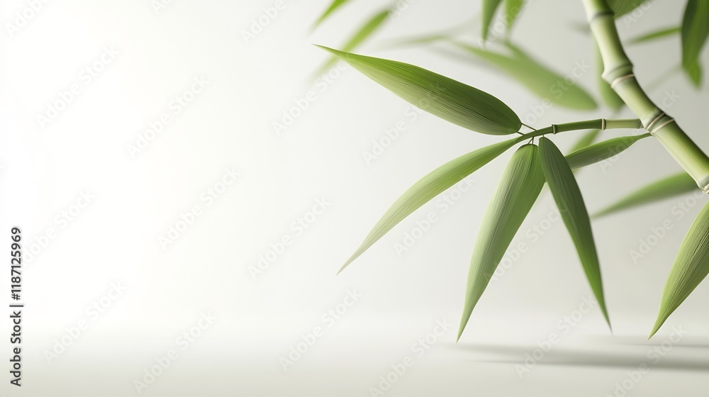 Fototapeta premium Serene Bamboo Branch with Lush Green Leaves Against a White Background
