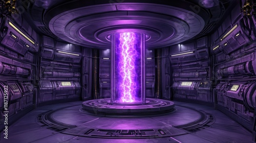 Futuristic power core glowing in a purple sci-fi lab environment.