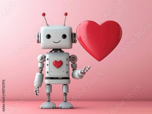 Charming Robot Character Holding a Heart, Expressing Love and Affection in a Cute and Playful Style, Perfect for Valentine’s Day and Romantic Themes photo