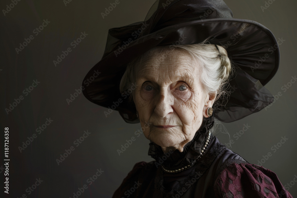 Fototapeta premium Woman in a black hat and dress is looking at the camera