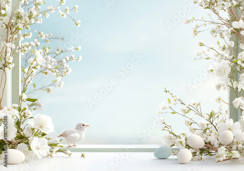 Obraz na płótnie Oster-Illustration mit Textfreiraum – Zarte Frühlingsdesigns mit Eiern und Blumen w salonie
