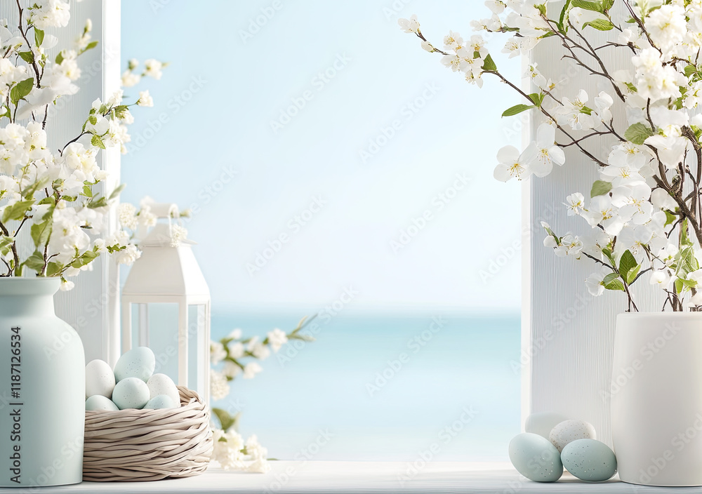 Oster-Illustration mit Textfreiraum – Zarte Frühlingsdesigns mit Eiern und Blumen
