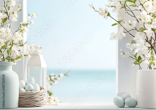 Obraz na płótnie Oster-Illustration mit Textfreiraum – Zarte Frühlingsdesigns mit Eiern und Blumen w salonie