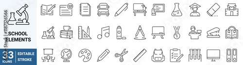 School elements web line icon. Related to knowledge, education, school, back to school, classroom, bag and more. Simple web icons. Editable stroke. Vector illustration.