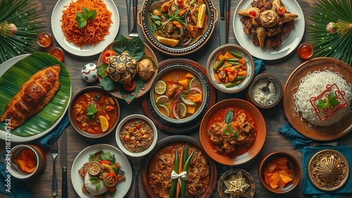 Variety of traditional Indonesian food served on dining table during Hari Raya Aidilfiri Celebration photo