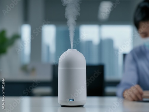 Elegant white aroma diffuser releasing soft mist in a serene modern office environment, promoting relaxation and enhancing air quality for focused work performance photo