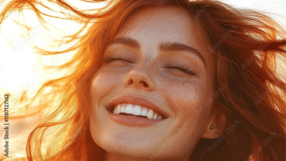 Redhead Woman Smiling with Windblown Hair in Golden Sunlight Redhead Woman Smiling with Windblown Hair in Golden Sunlight