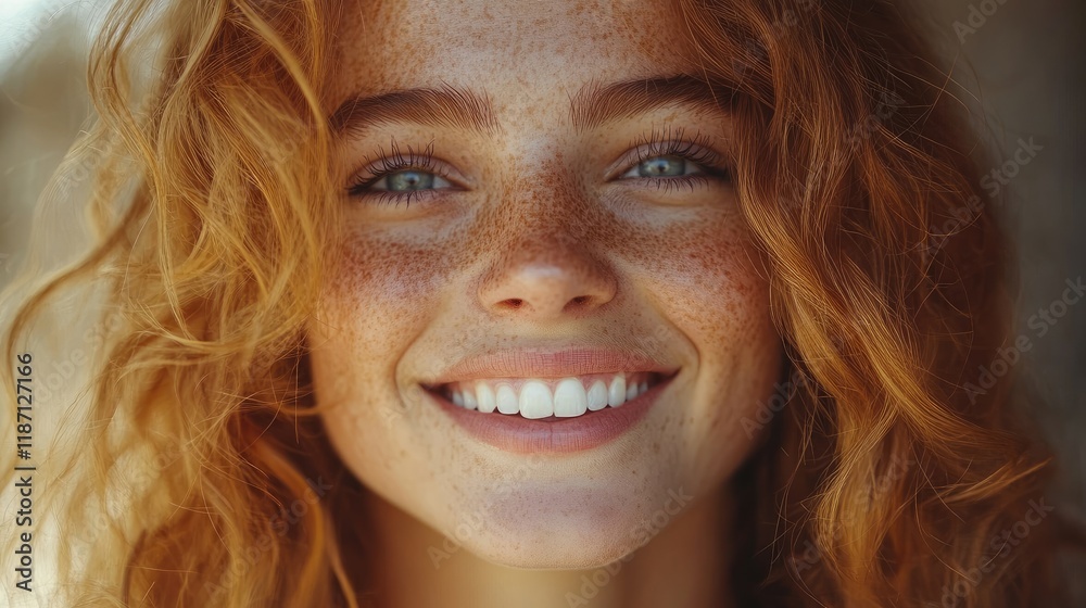 Close-up portrait of happy redhead woman with freckles smiling outdoors. Close-up portrait of happy redhead woman with freckles smiling outdoors.