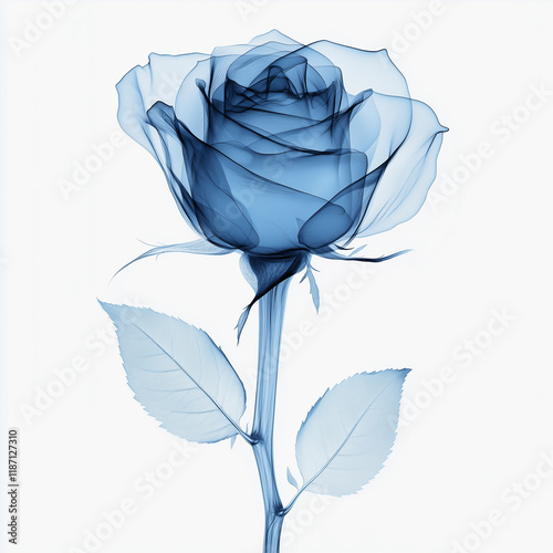 X-ray image of a delicate rose, showcasing its intricate structure in translucent blue.
