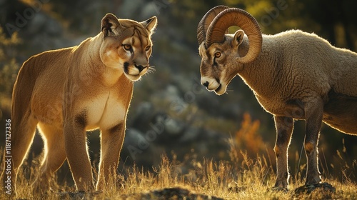 Cougar and Ram Encounter in Golden Light photo