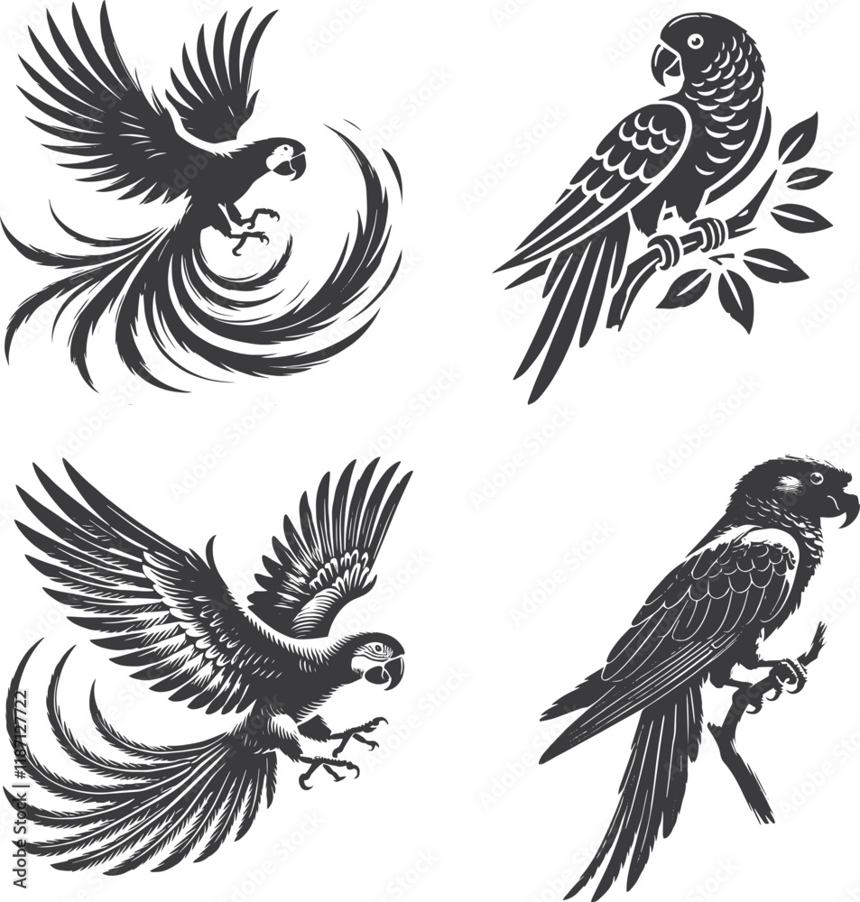 Obraz premium Graceful Parrot Silhouette | Black and White Bird Illustration