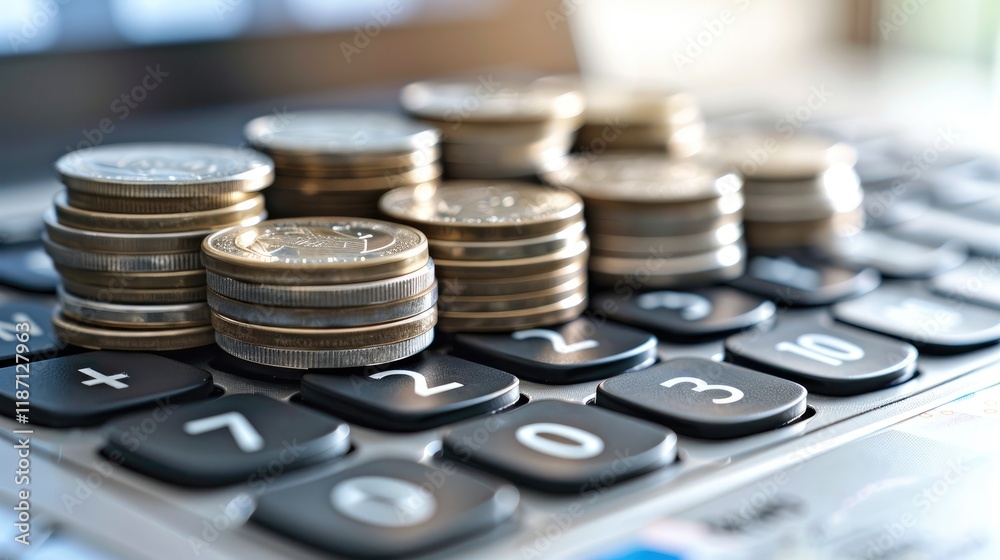 Coins stacked on calculator with blurred screen background, finance concept. Coins stacked on calculator with blurred screen background, finance concept.