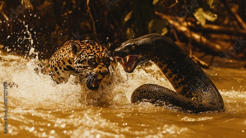 Jaguar and Anaconda Confrontation in Water photo