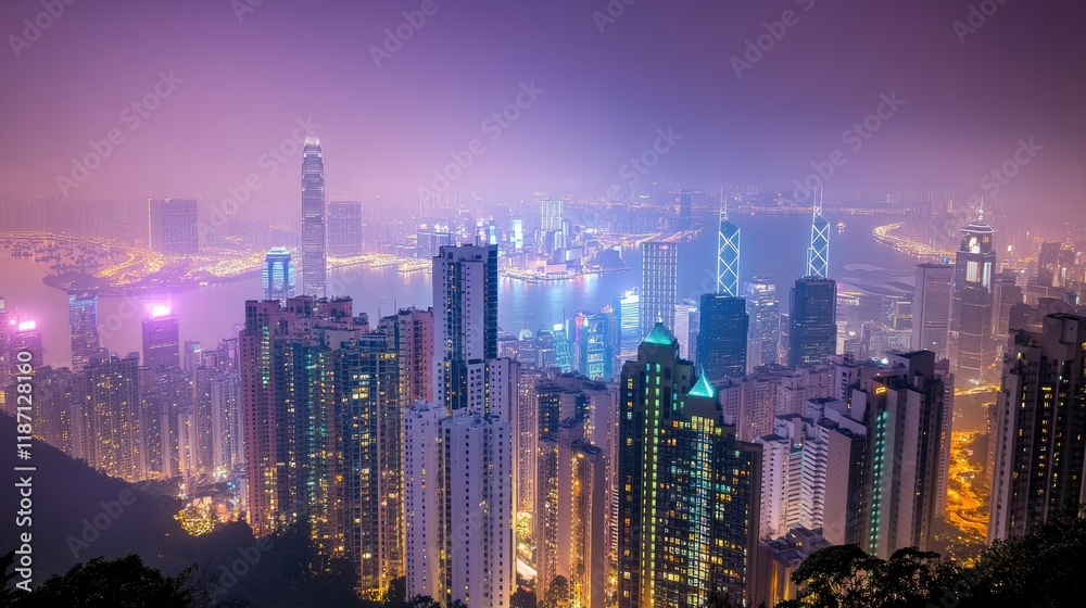 Hong Kong Cityscape Night View Illuminated Buildings Hong Kong Cityscape Night View Illuminated Buildings