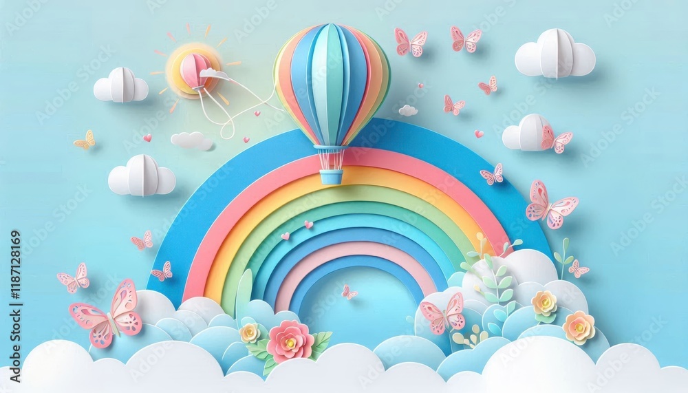 Whimsical paper craft scene, pastel colors, hot air balloon, fluffy clouds, rainbow arch, butterflies, flowers, 3D paper art, soft lighting, dreamy atmosphere, children's book illustration style, blue Whimsical paper craft scene, pastel colors, hot air balloon, fluffy clouds, rainbow arch, butterflies, flowers, 3D paper art, soft lighting, dreamy atmosphere, children's book illustration style, blue