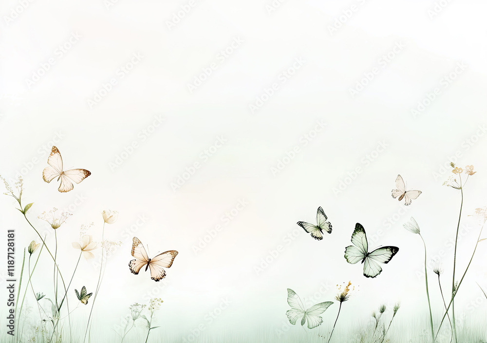 Frühlingshafte Schmetterlings-Illustration – Zarte Wiese mit Schmetterlingen und Textfreiraum