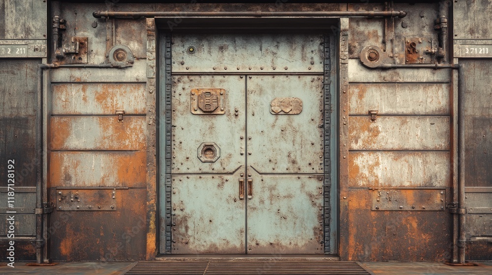Naklejka premium Rusty Industrial Metal Door: A Vintage Architectural Marvel