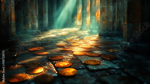 A close-up of coins resting unevenly on the uneven surface of an ancient stone floor, faint reflections from a single beam of light, blurred temple pillars in the background, hd quality, photo