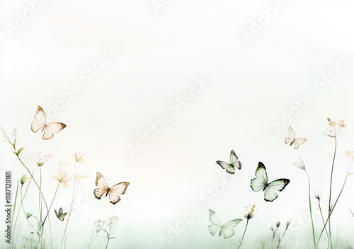 Obraz na płótnie Frühlingshafte Schmetterlings-Illustration – Zarte Wiese mit Schmetterlingen und Textfreiraum