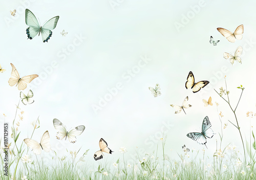 Obraz na płótnie Frühlingshafte Schmetterlings-Illustration – Zarte Wiese mit Schmetterlingen und Textfreiraum