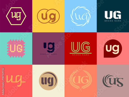 UG logo company template. Letter u and g logotype. Set different classic serif lettering and modern bold text with design elements. Initial font typography.