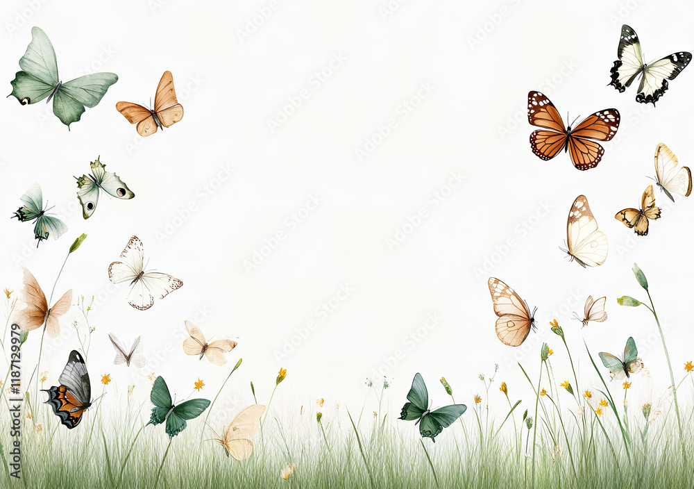 Frühlingshafte Schmetterlings-Illustration – Zarte Wiese mit Schmetterlingen und Textfreiraum