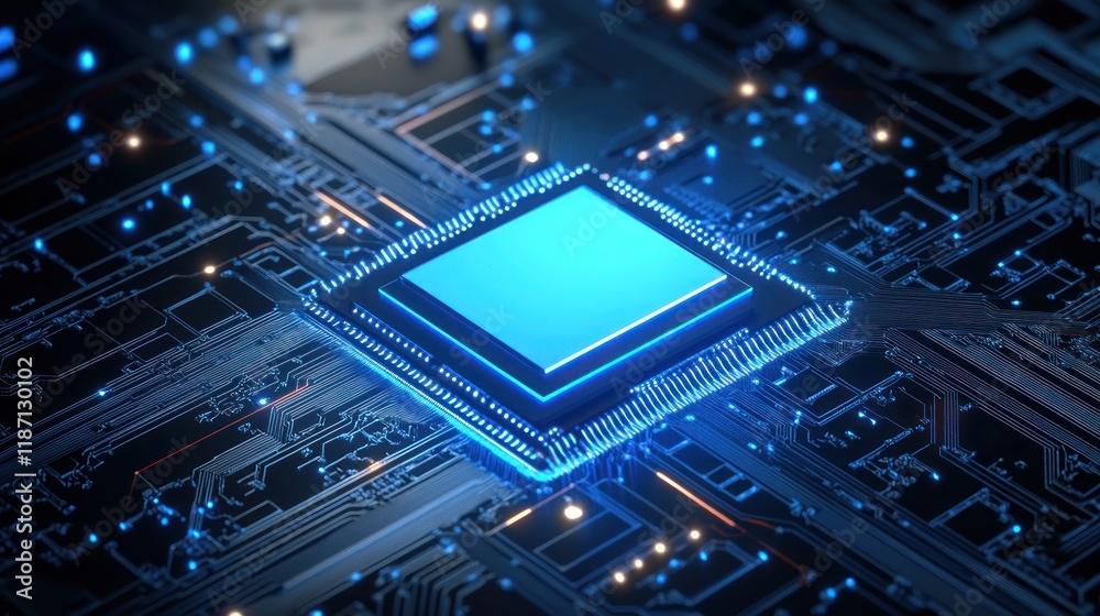 Blue Illuminated Microchip On Circuit Board