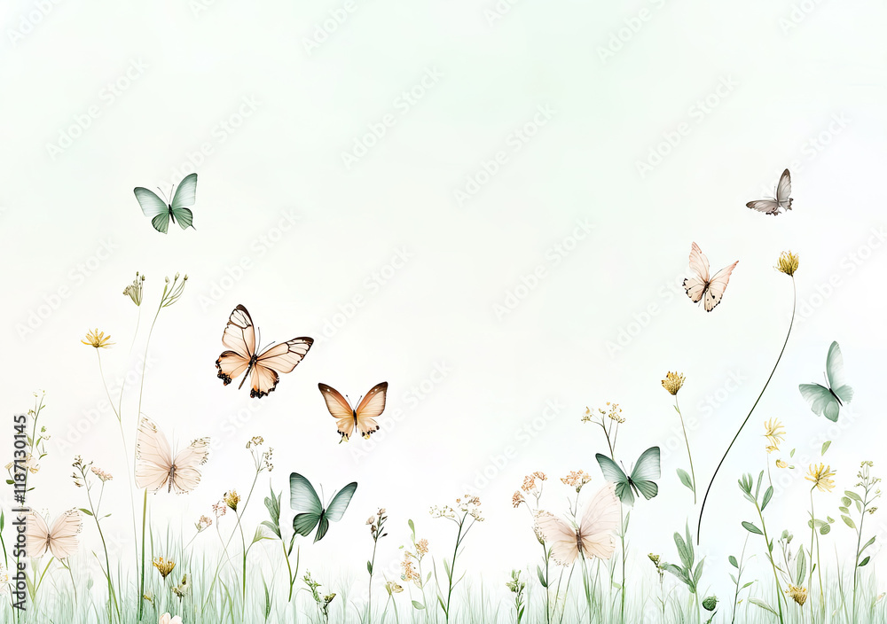 Frühlingshafte Schmetterlings-Illustration – Zarte Wiese mit Schmetterlingen und Textfreiraum