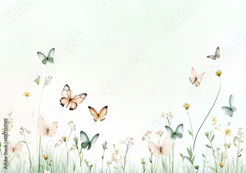 Obraz na płótnie Frühlingshafte Schmetterlings-Illustration – Zarte Wiese mit Schmetterlingen und Textfreiraum
