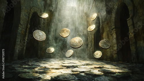 A close-up of silver coins mid-air, the sharp reflections of torchlight creating a surreal glow, Judas in the background with his hand extended, the textured stone walls and floor adding tension,