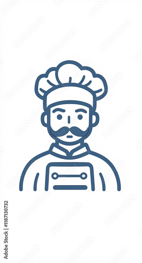 Classic black and white illustration of a chef with moustache and cap in an elegant uniform, perfect for culinary branding and restaurant logos Classic black and white illustration of a chef with moustache and cap in an elegant uniform, perfect for culinary branding and restaurant logos