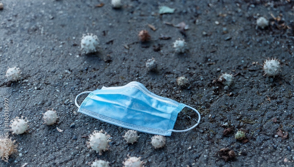 A depiction of an unsafe public place with a mask lying on the ground, scattering infectious particles all around it A depiction of an unsafe public place with a mask lying on the ground, scattering infectious particles all around it