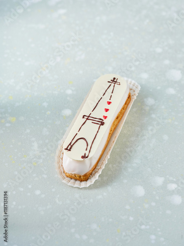 Delicious Modern Pastry Decorated With Artistic Designs Served on a Minimalist Background photo