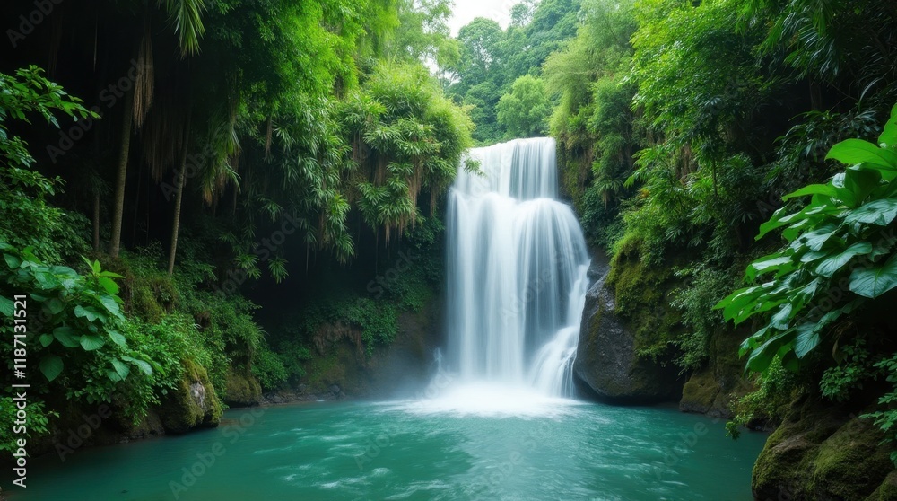 Lush Tropical Waterfall in Dense Greenery Lush Tropical Waterfall in Dense Greenery