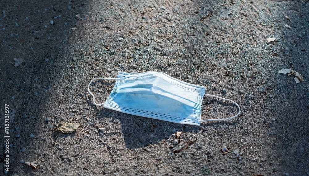 A depiction of an unsafe public place with a mask lying on the ground, scattering infectious particles all around it A depiction of an unsafe public place with a mask lying on the ground, scattering infectious particles all around it