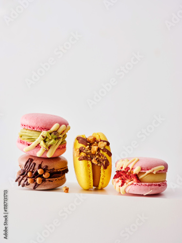 Colorful Modern Macarons Stacked and Arranged Delightfully on a Light Background photo