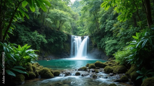 Lush Tropical Waterfall in Dense Greenery