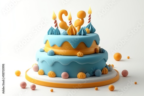 Brightly colored birthday cake covered with fondant, highlighted on a white background photo