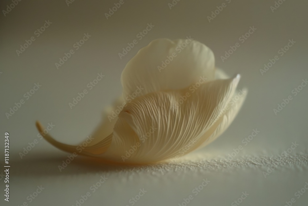 Naklejka premium Close-up of a single, delicate, creamy-white flower petal with subtle texture and soft lighting against a muted background.