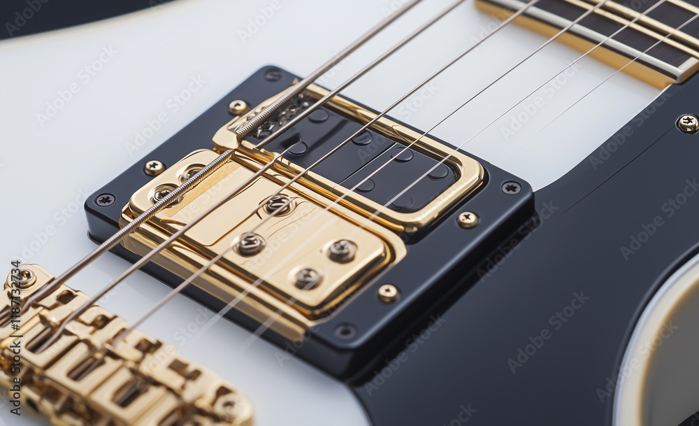 Obraz premium Stylish electric guitar with gleaming gold pickups and intricate string details. 
